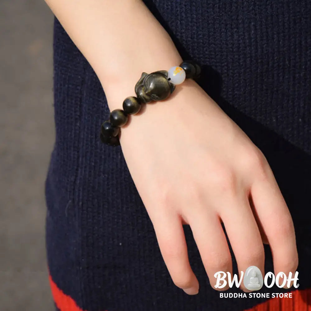 Buddha Stones Natural Rainbow Obsidian Gold Sheen Obsidian Silver Sheen Obsidian Fox Healing Bracelet - BWOOOH