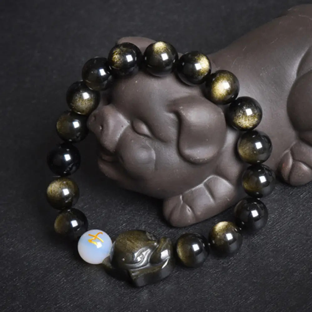 Buddha Stones Natural Rainbow Obsidian Gold Sheen Obsidian Silver Sheen Obsidian Fox Healing Bracelet - BWOOOH - Gold