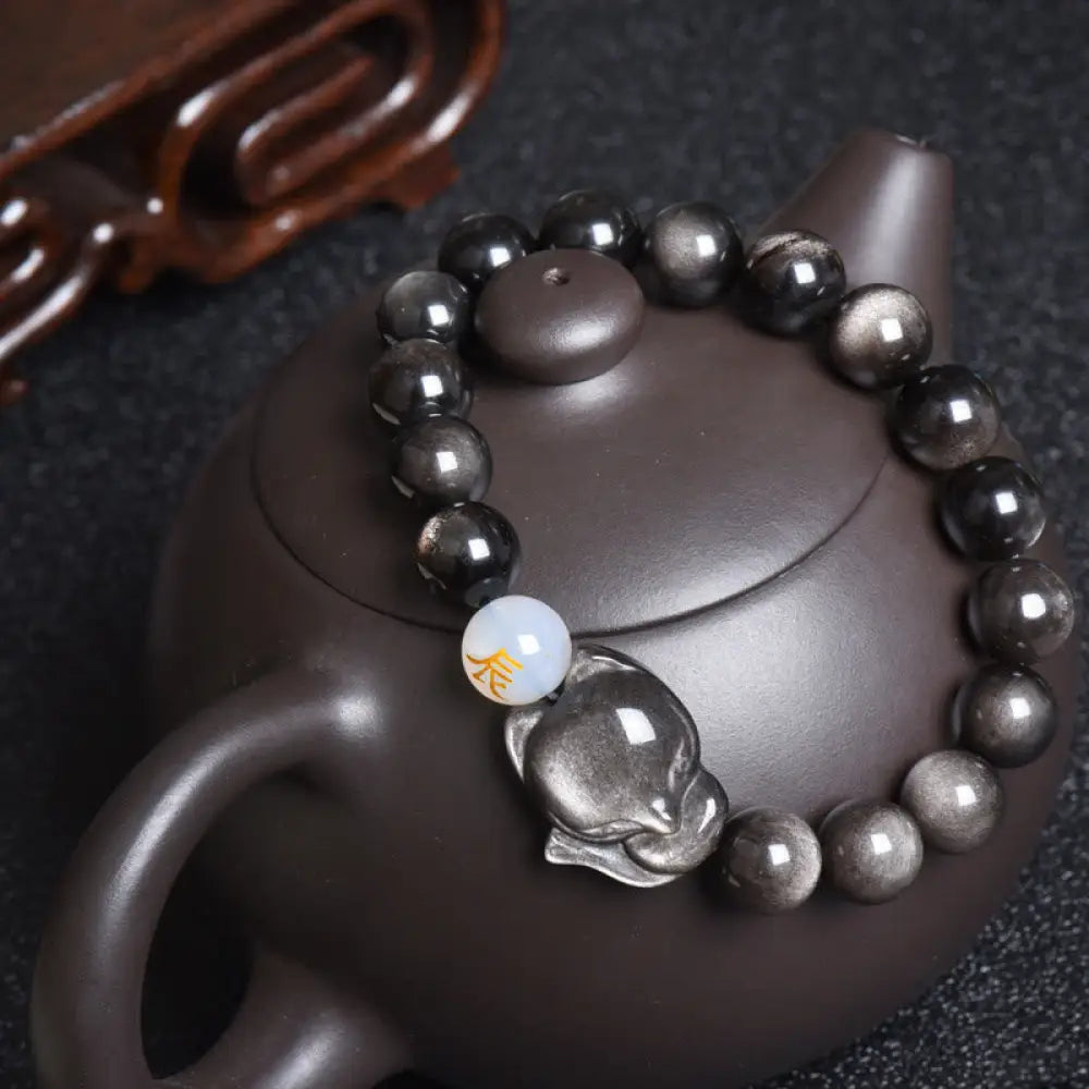 Buddha Stones Natural Rainbow Obsidian Gold Sheen Obsidian Silver Sheen Obsidian Fox Healing Bracelet - BWOOOH - Silver