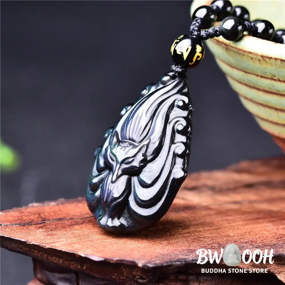 Buddha Stones Natural Rainbow Obsidian Nine Tailed Fox Inner Peace Necklace Beaded String Pendant - BWOOOH - Rainbow