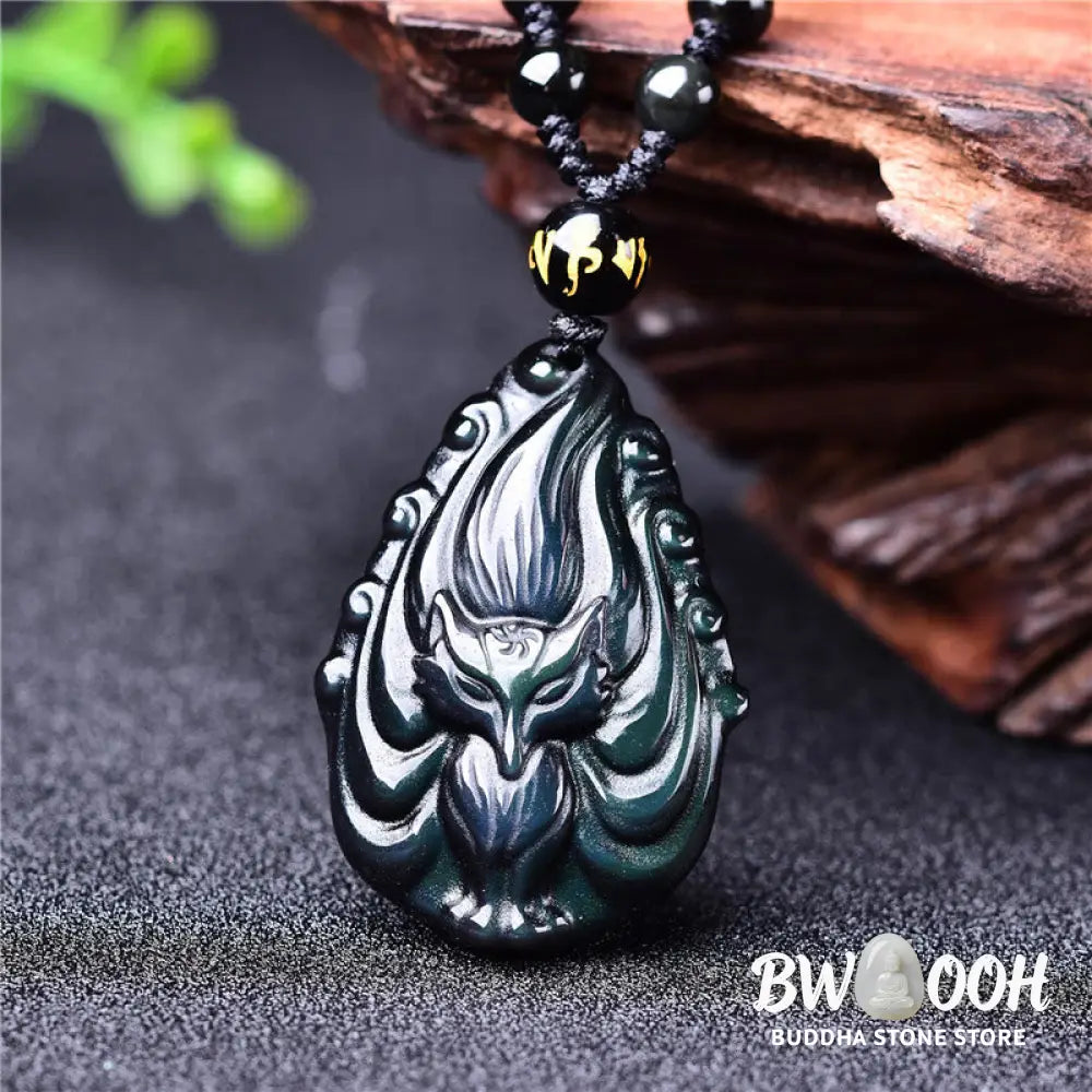 Buddha Stones Natural Rainbow Obsidian Nine Tailed Fox Inner Peace Necklace Beaded String Pendant - BWOOOH - Rainbow