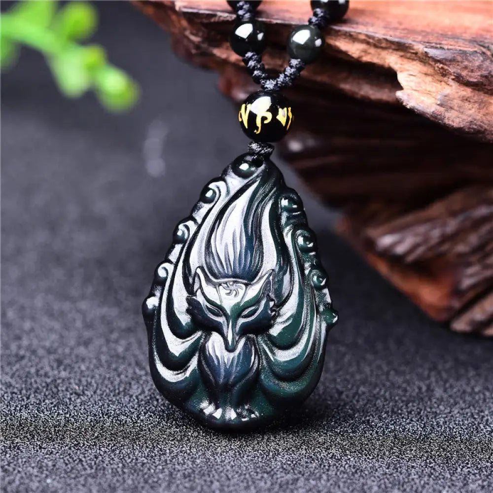 BWOOOH natural rainbow obsidian nine-tailed fox inner peace beaded necklace pendant 45-50cm