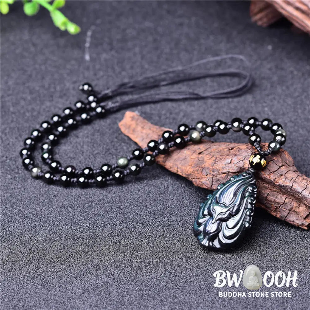 Buddha Stones Natural Rainbow Obsidian Nine Tailed Fox Inner Peace Necklace Beaded String Pendant - BWOOOH - Rainbow