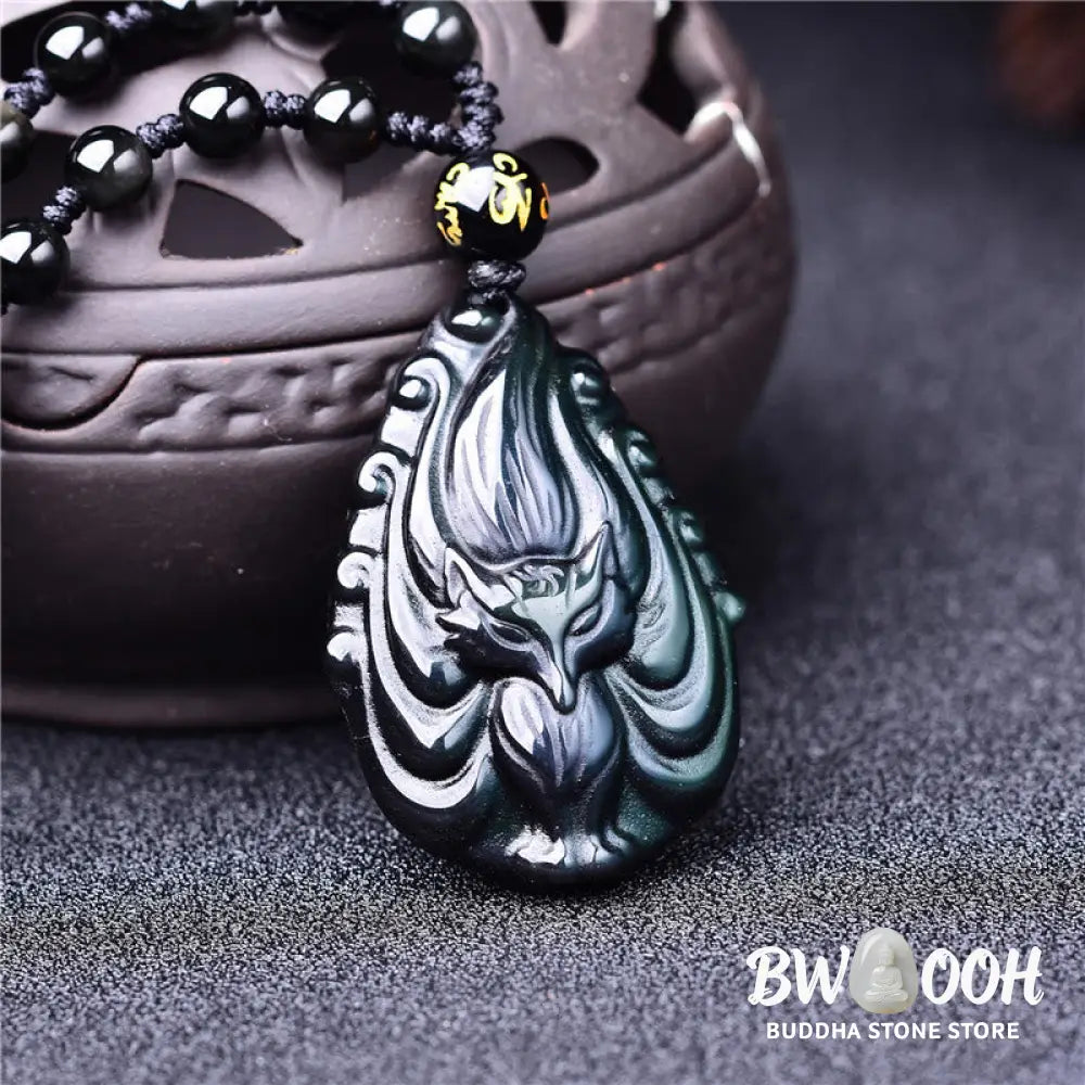 Buddha Stones Natural Rainbow Obsidian Nine Tailed Fox Inner Peace Necklace Beaded String Pendant - BWOOOH - Rainbow
