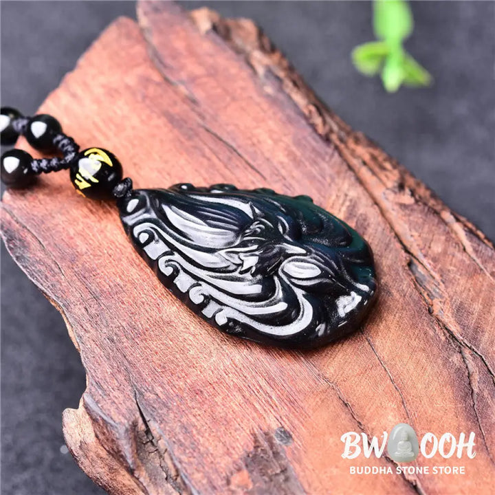 Buddha Stones Natural Rainbow Obsidian Nine Tailed Fox Inner Peace Necklace Beaded String Pendant - BWOOOH - Rainbow