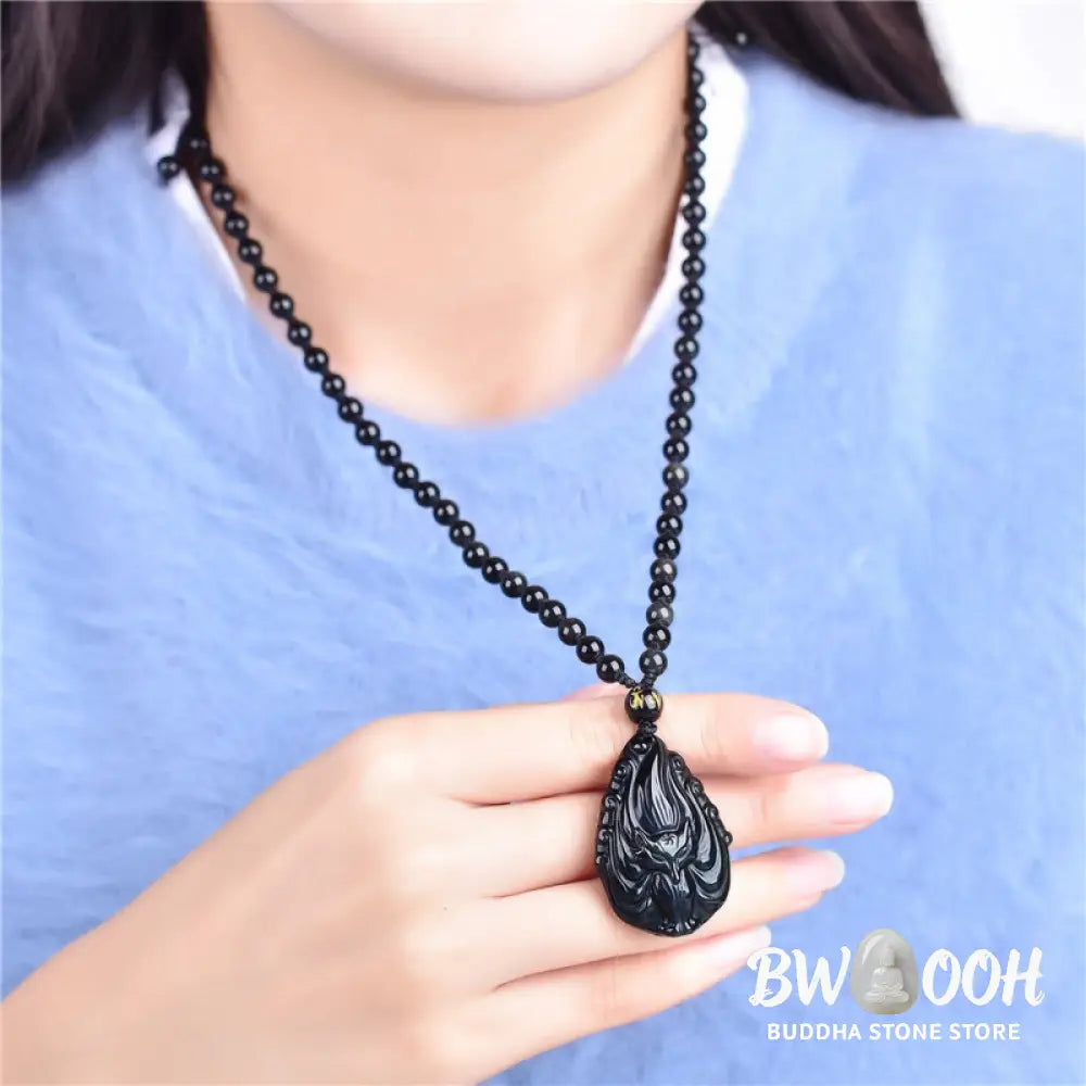 Buddha Stones Natural Rainbow Obsidian Nine Tailed Fox Inner Peace Necklace Beaded String Pendant - BWOOOH - Rainbow