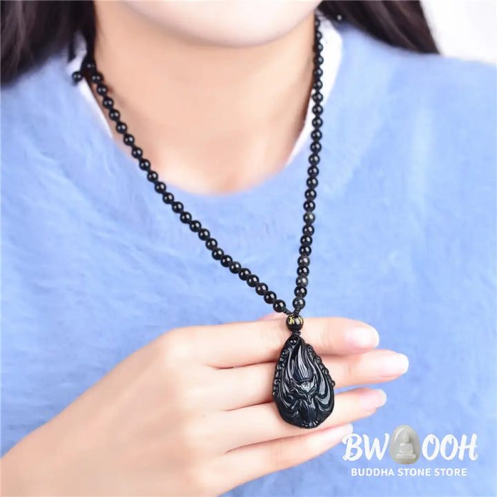 Buddha Stones Natural Rainbow Obsidian Nine Tailed Fox Inner Peace Necklace Beaded String Pendant - BWOOOH - Rainbow