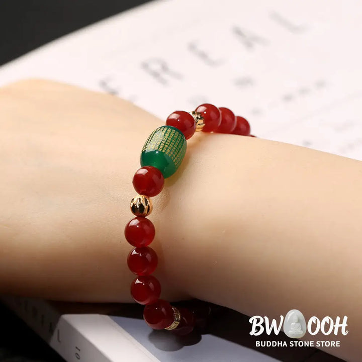 Buddha Stones Natural Red Agate Green Agate Buddhist Sutras Calm Bracelet - BWOOOH - Bracelet