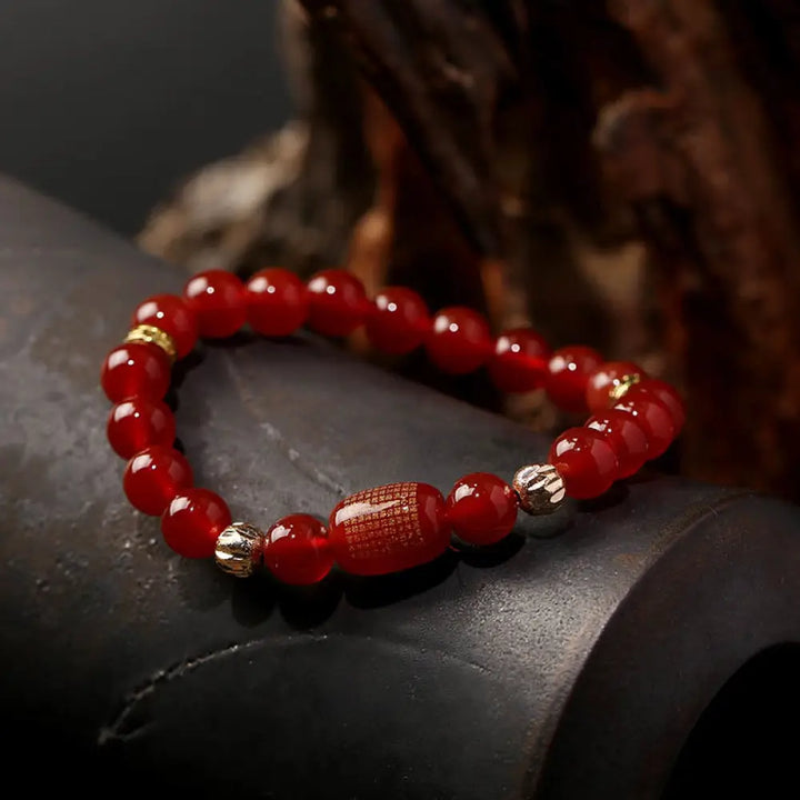 Buddha Stones Natural Red Agate Green Agate Buddhist Sutras Calm Bracelet - BWOOOH - Red Agate Bucket Bead