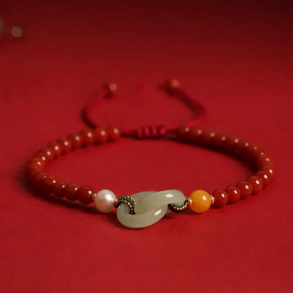 BWOOOH Natural Red Agate Hetian Jade Double Peace Buckle Confidence Bracelet - BWOOOH - Red