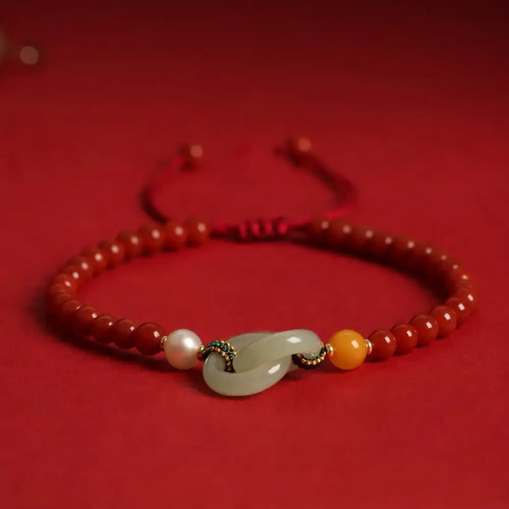 BWOOOH Natural Red Agate Hetian Jade Double Peace Buckle Confidence Bracelet - BWOOOH - Red