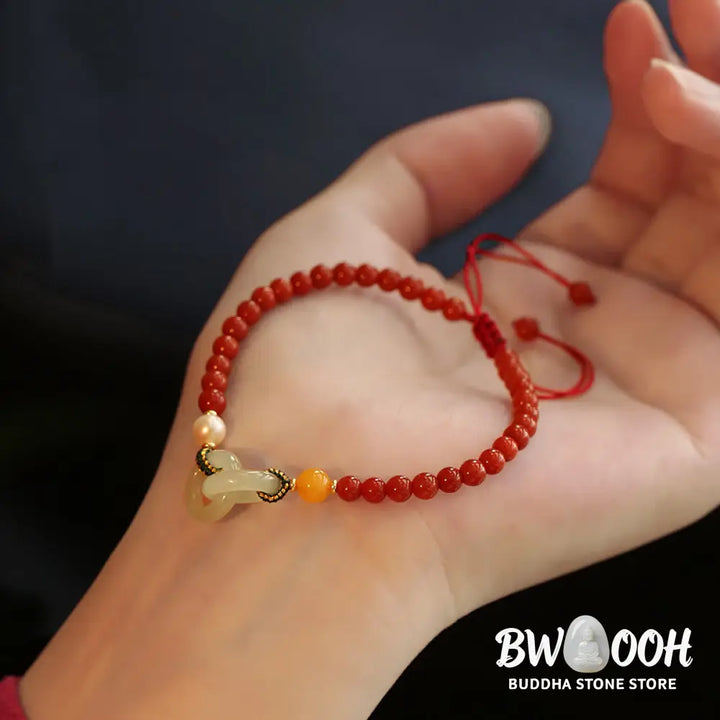 Buddha Stones Natural Red Agate Hetian Jade Double Peace Buckle Confidence Bracelet - BWOOOH - Red