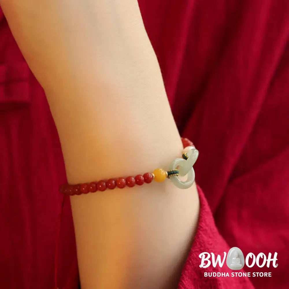 Buddha Stones Natural Red Agate Hetian Jade Double Peace Buckle Confidence Bracelet - BWOOOH - Red