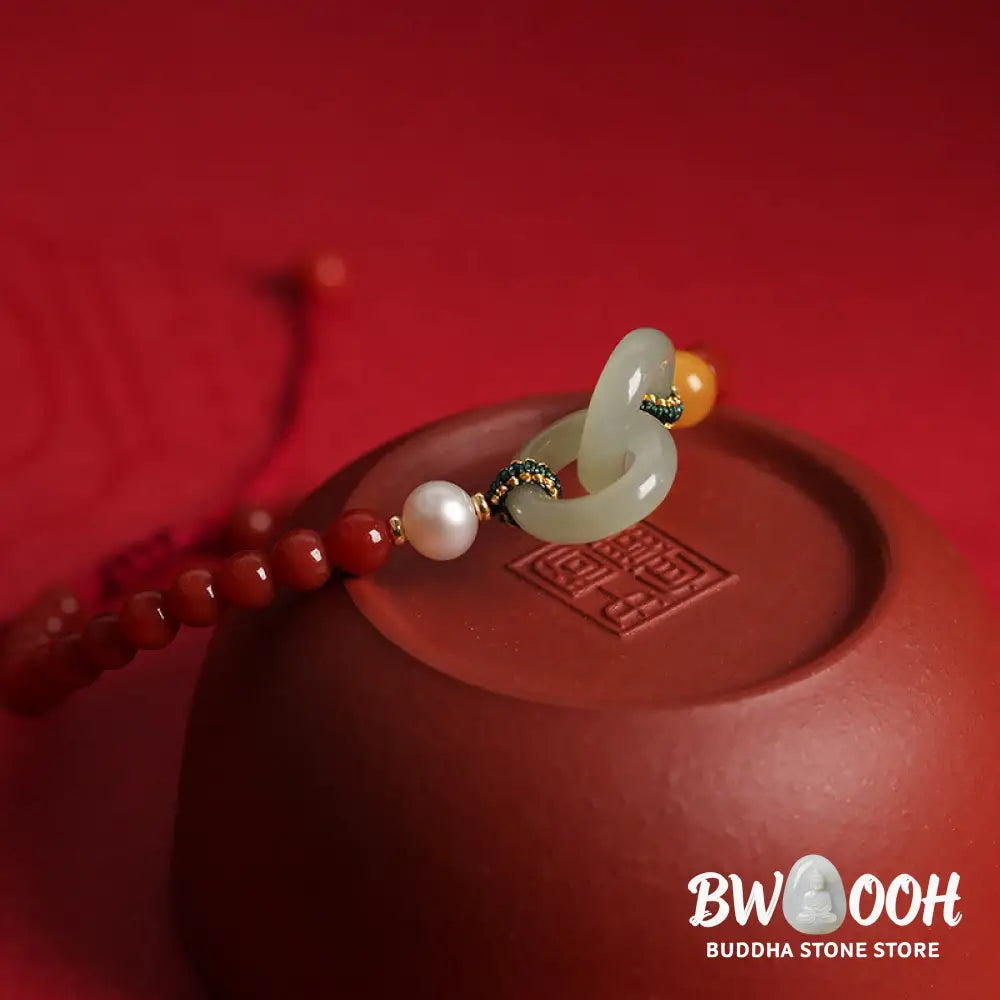 Buddha Stones Natural Red Agate Hetian Jade Double Peace Buckle Confidence Bracelet - BWOOOH - Red