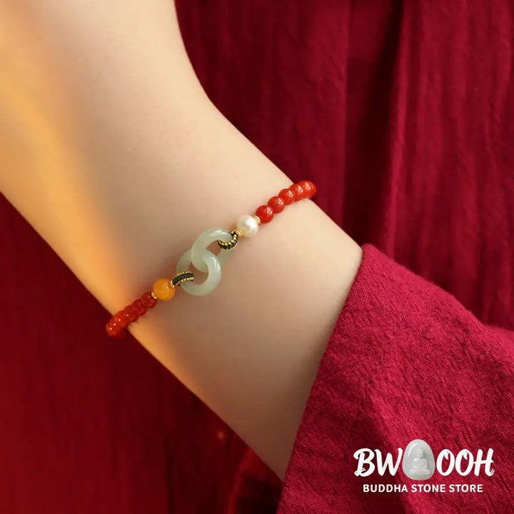 Buddha Stones Natural Red Agate Hetian Jade Double Peace Buckle Confidence Bracelet - BWOOOH - Red