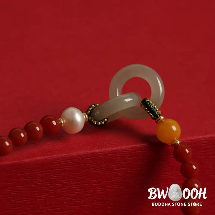 Buddha Stones Natural Red Agate Hetian Jade Double Peace Buckle Confidence Bracelet - BWOOOH - Red