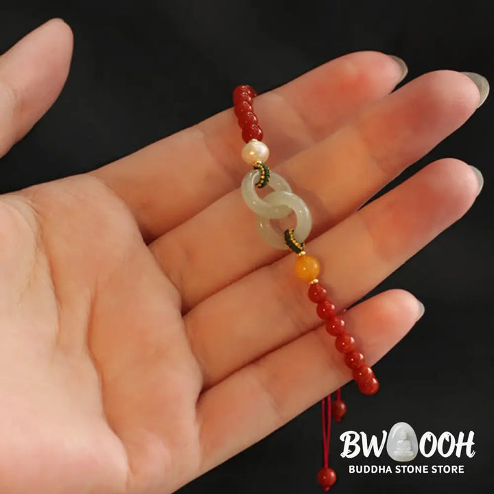 Buddha Stones Natural Red Agate Hetian Jade Double Peace Buckle Confidence Bracelet - BWOOOH - Red