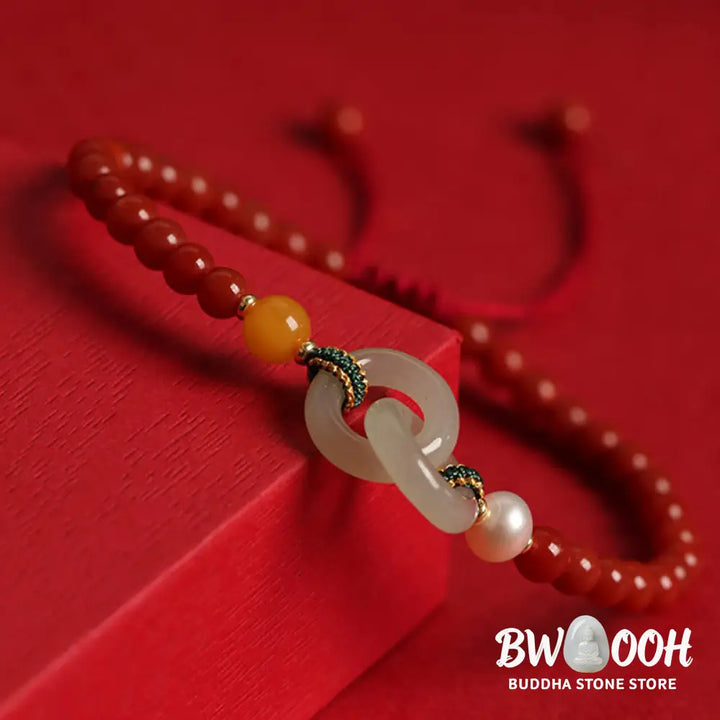 Buddha Stones Natural Red Agate Hetian Jade Double Peace Buckle Confidence Bracelet - BWOOOH - Red