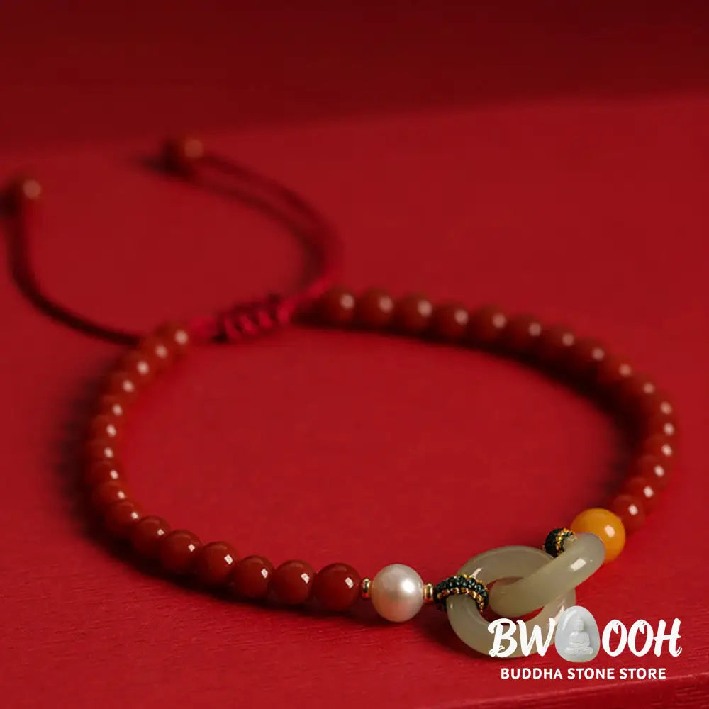 Buddha Stones Natural Red Agate Hetian Jade Double Peace Buckle Confidence Bracelet - BWOOOH - Red