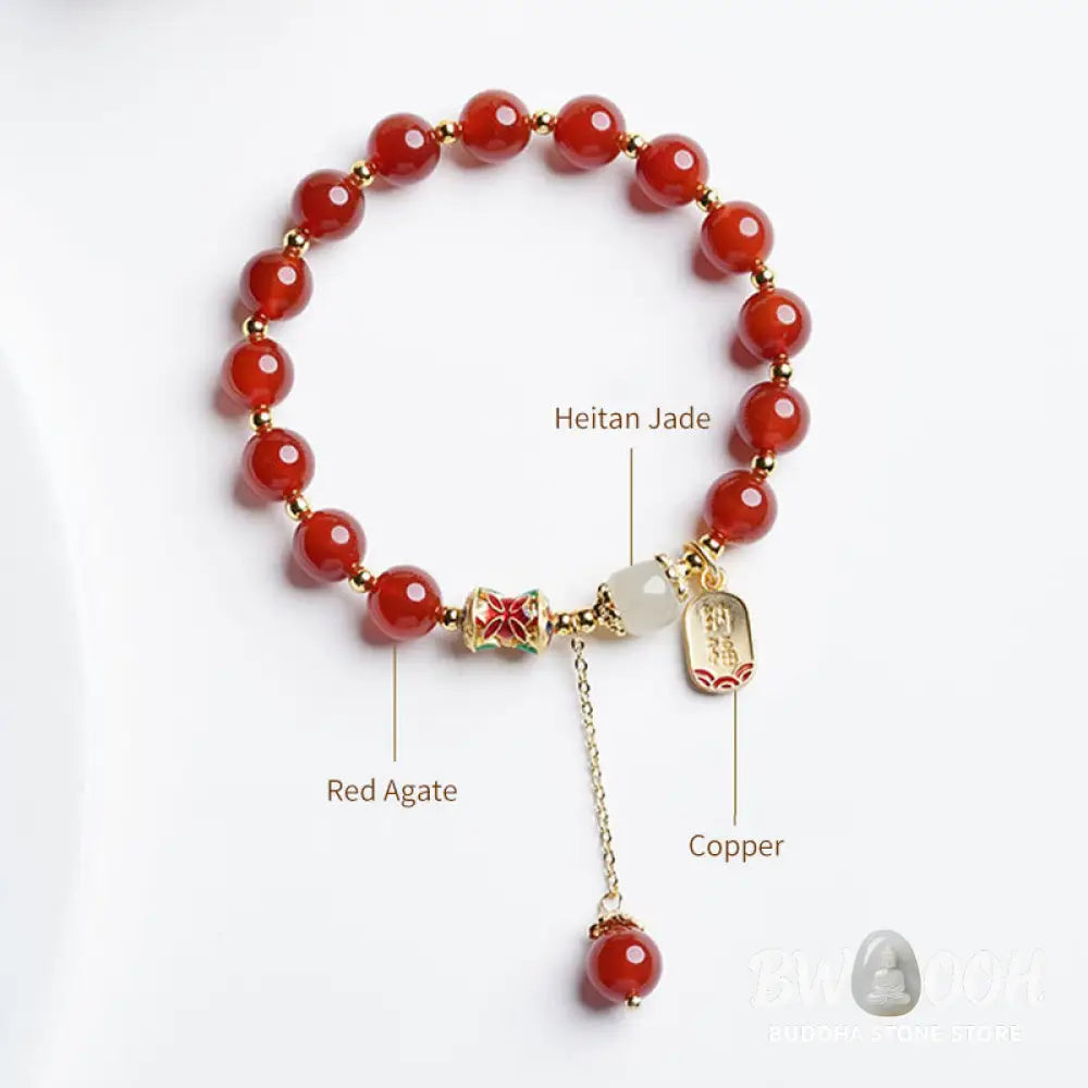 Buddha Stones Natural Red Agate Hetian Jade Fu Character Confidence Charm Bracelet - BWOOOH - Bracelet