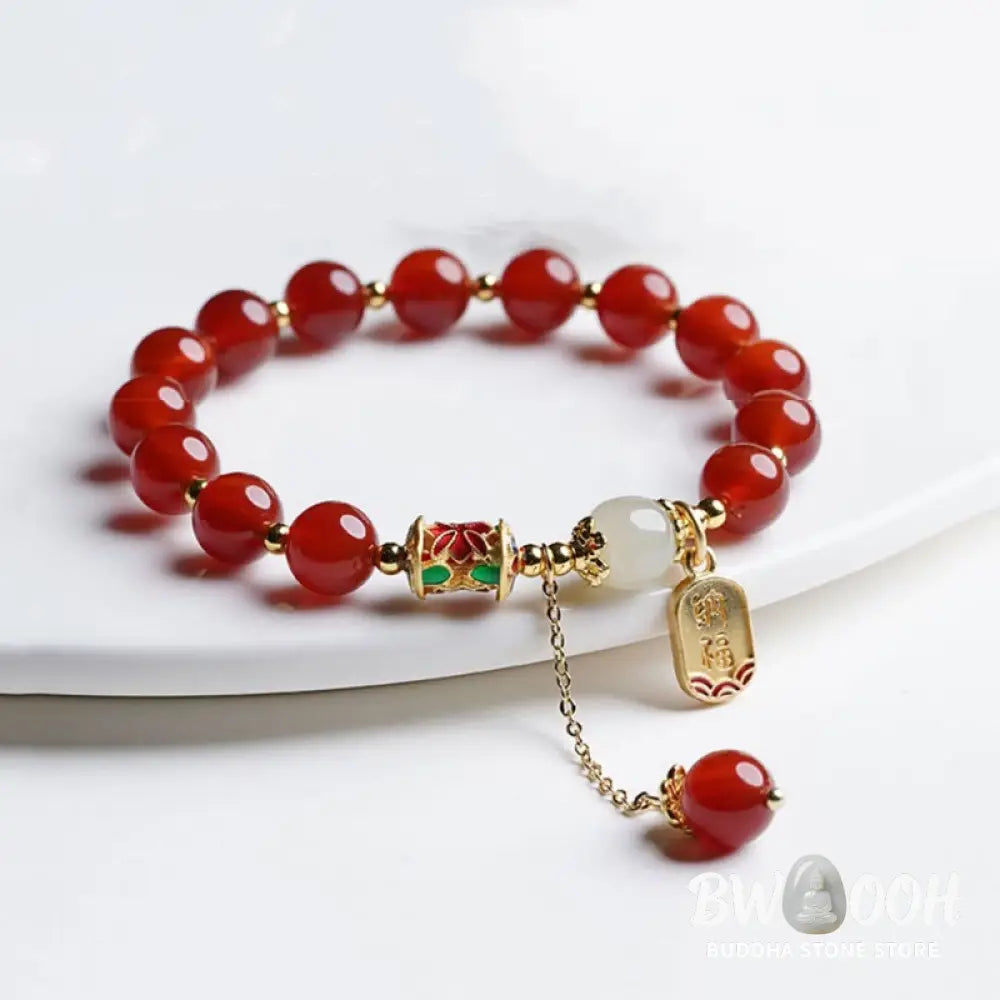 Buddha Stones Natural Red Agate Hetian Jade Fu Character Confidence Charm Bracelet - BWOOOH - Bracelet