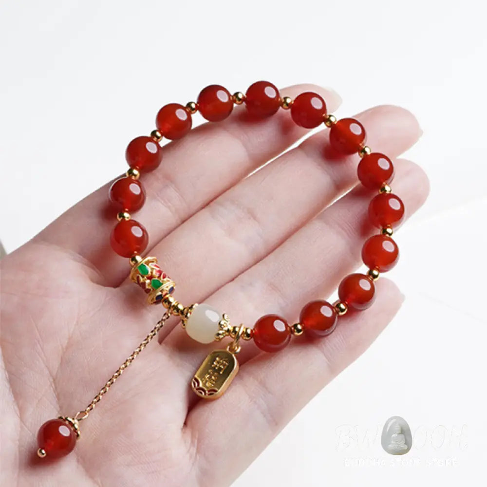 Buddha Stones Natural Red Agate Hetian Jade Fu Character Confidence Charm Bracelet - BWOOOH - Bracelet