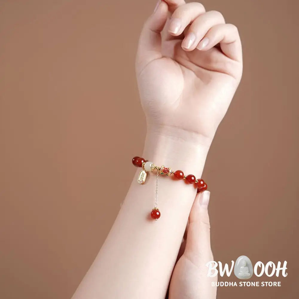 Buddha Stones Natural Red Agate Hetian Jade Fu Character Confidence Charm Bracelet - BWOOOH - Bracelet