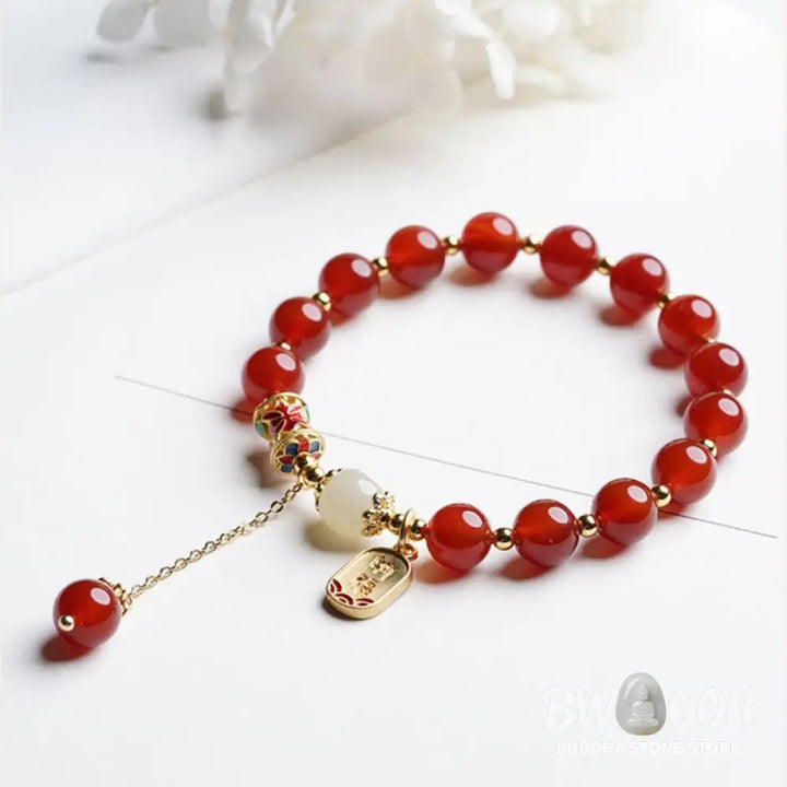 Buddha Stones Natural Red Agate Hetian Jade Fu Character Confidence Charm Bracelet - BWOOOH - Bracelet