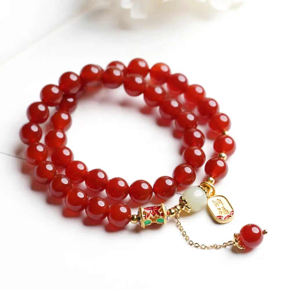 Buddha Stones Natural Red Agate Hetian Jade Fu Character Confidence Charm Bracelet - BWOOOH - Red Agate Double Wrap