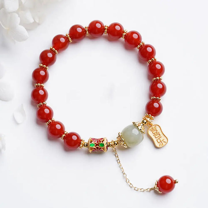 Buddha Stones Natural Red Agate Hetian Jade Fu Character Confidence Charm Bracelet - BWOOOH - Red Agate&amp;Joy and