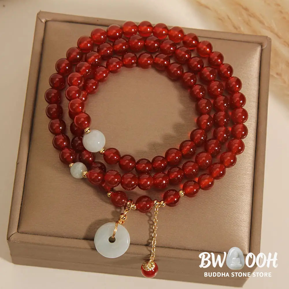 Buddha Stones Natural Red Agate Jade Peace Buckle Calm Triple Wrap Bracelet - Red Agate(Confidence♥Calm) - Bracelet