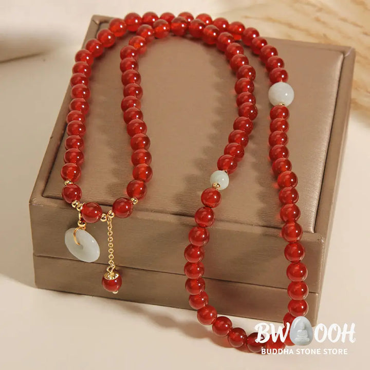 Buddha Stones Natural Red Agate Jade Peace Buckle Calm Triple Wrap Bracelet - Red Agate(Confidence♥Calm) - Bracelet