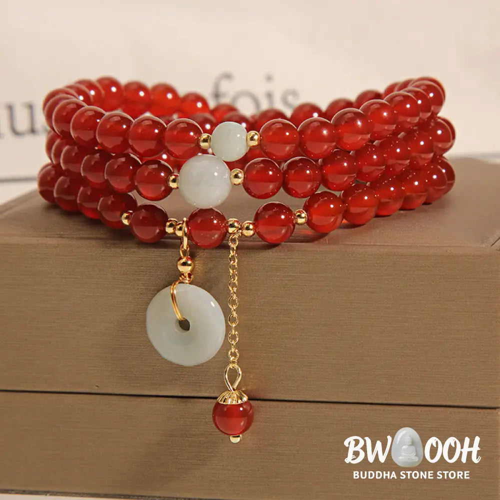 Buddha Stones Natural Red Agate Jade Peace Buckle Calm Triple Wrap Bracelet - Red Agate(Confidence♥Calm) - Bracelet
