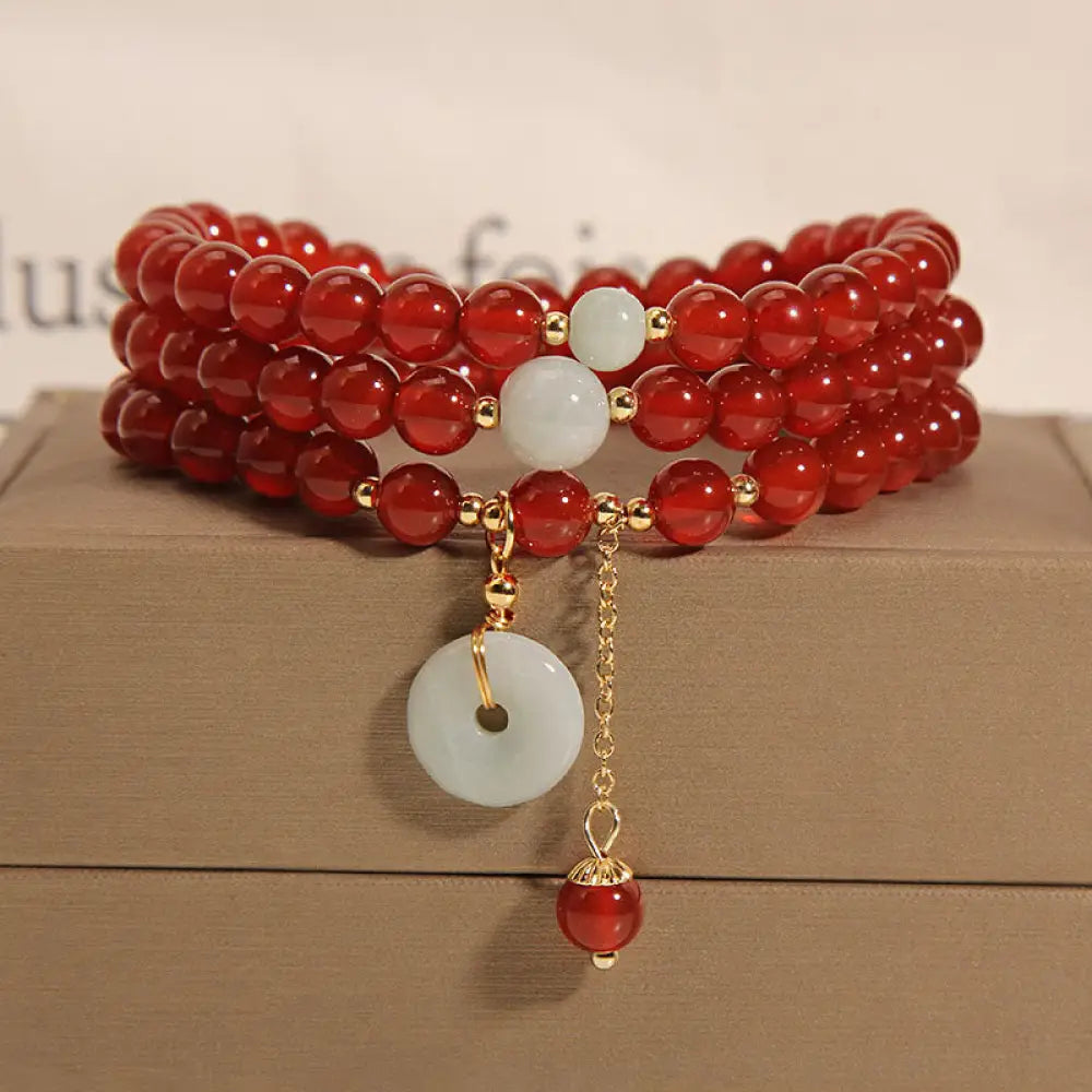 Buddha Stones Natural Red Agate Jade Peace Buckle Calm Triple Wrap Bracelet - Red Agate(Confidence♥Calm) - Bracelet