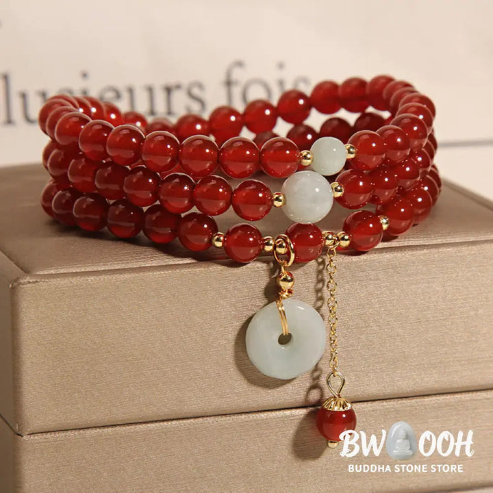 Buddha Stones Natural Red Agate Jade Peace Buckle Calm Triple Wrap Bracelet - Red Agate(Confidence♥Calm) - Bracelet