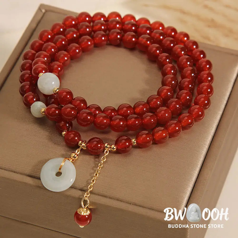 Buddha Stones Natural Red Agate Jade Peace Buckle Calm Triple Wrap Bracelet - Red Agate(Confidence♥Calm) - Bracelet