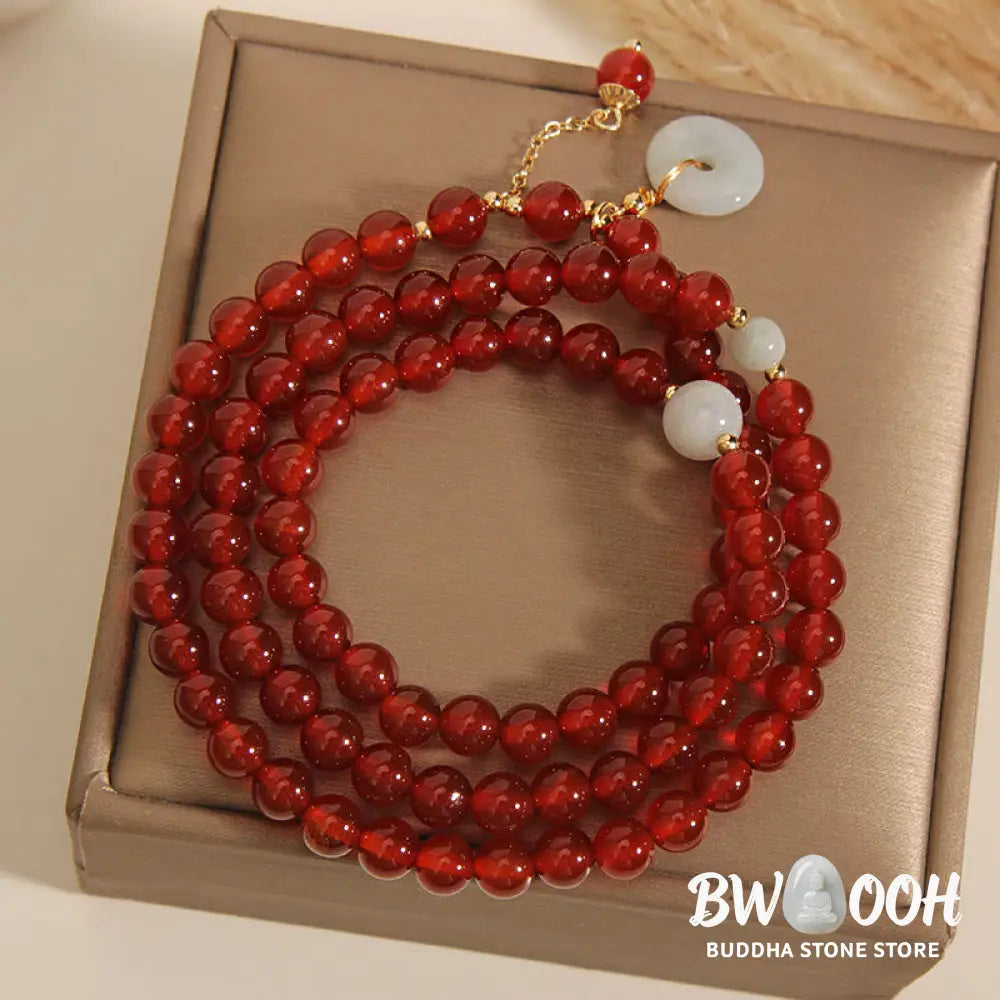 Buddha Stones Natural Red Agate Jade Peace Buckle Calm Triple Wrap Bracelet - Red Agate(Confidence♥Calm) - Bracelet