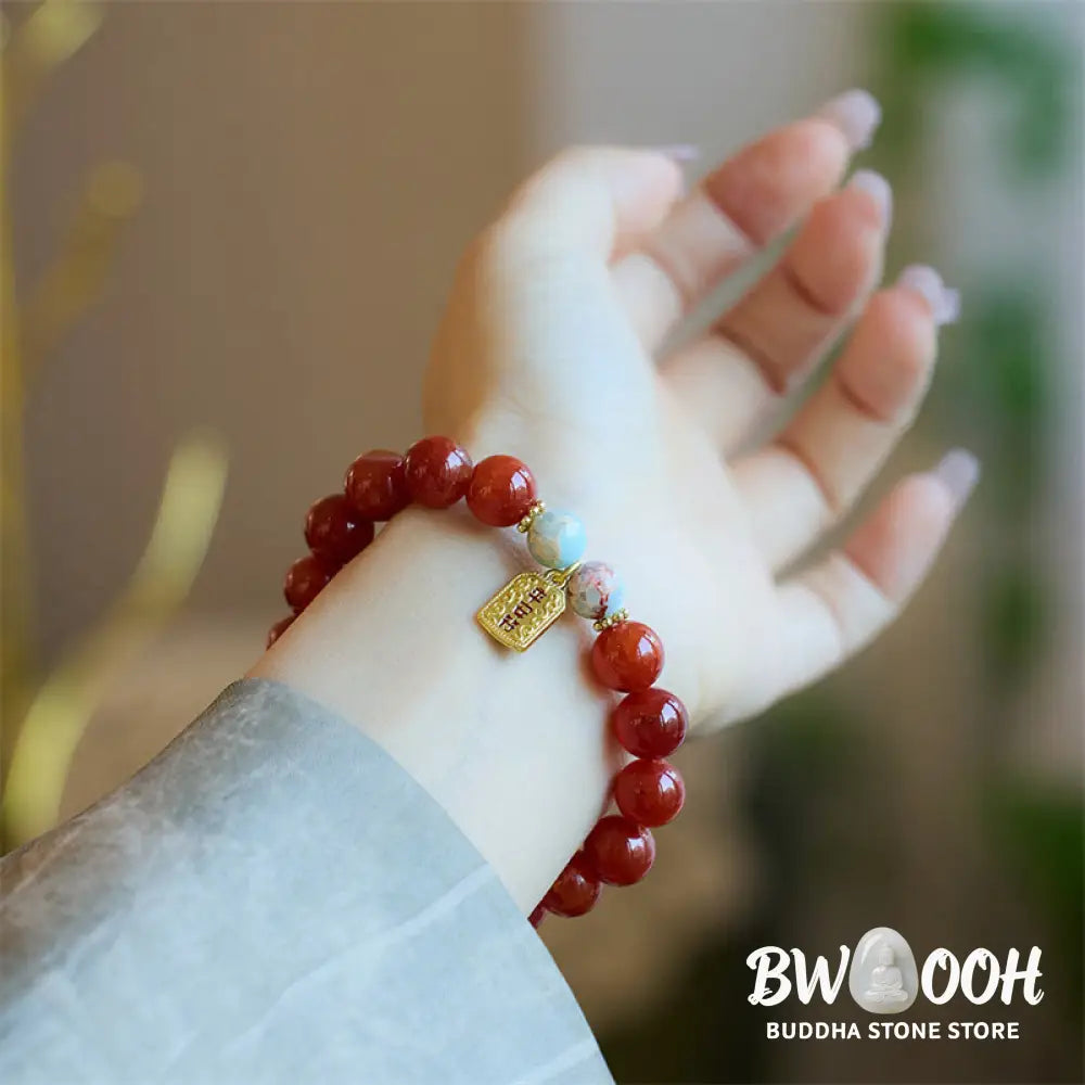 Buddha Stones Natural Red Agate Peace Talisman Fu Character Dragon Tail Confidence Charm Bracelet - BWOOOH - Bracelet