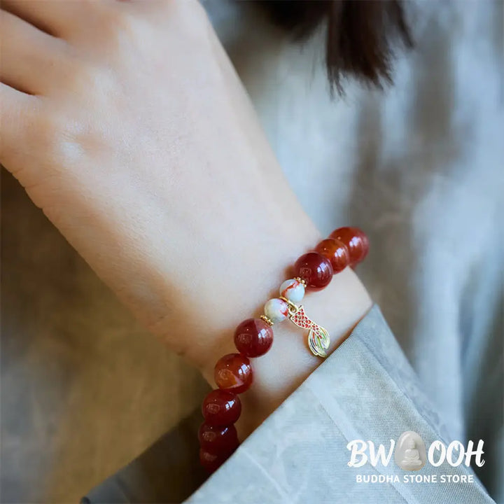 Buddha Stones Natural Red Agate Peace Talisman Fu Character Dragon Tail Confidence Charm Bracelet - BWOOOH - Bracelet