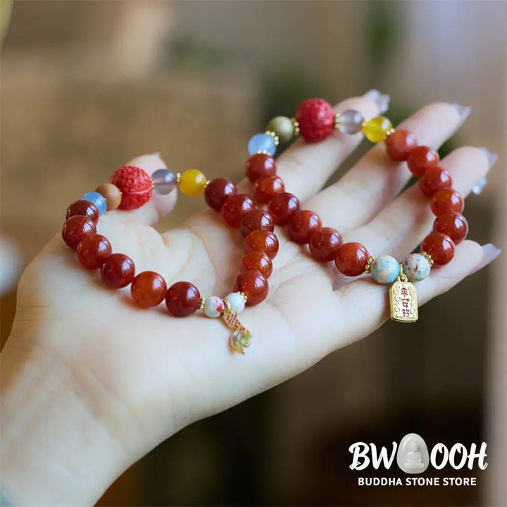 Buddha Stones Natural Red Agate Peace Talisman Fu Character Dragon Tail Confidence Charm Bracelet - BWOOOH - Bracelet