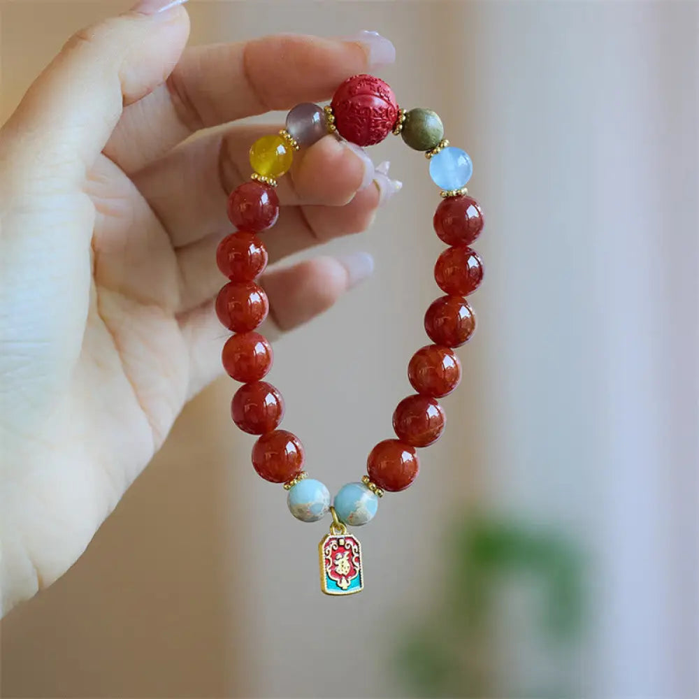 Buddha Stones Natural Red Agate Peace Talisman Fu Character Dragon Tail Confidence Charm Bracelet - BWOOOH - Red Agate