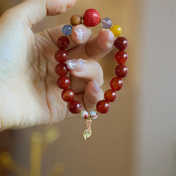 Buddha Stones Natural Red Agate Peace Talisman Fu Character Dragon Tail Confidence Charm Bracelet - BWOOOH - Red Agate