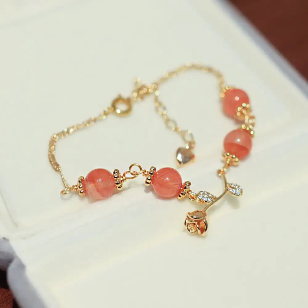 Buddha Stones Natural Red Agate Rose Confidence Calm Chain Bracelet - BWOOOH - Four Red Agate Beads&amp;Rose - Bracelet