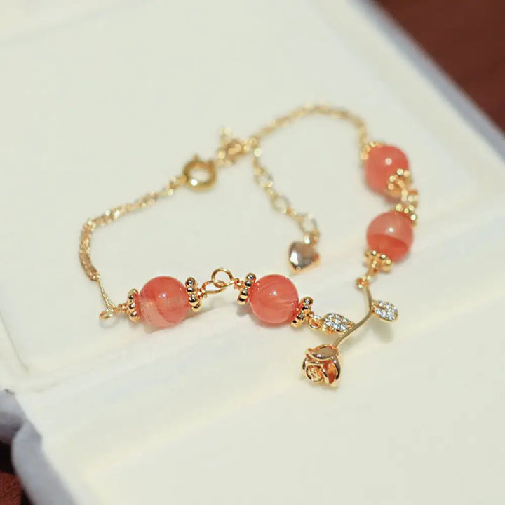 Buddha Stones Natural Red Agate Rose Confidence Calm Chain Bracelet - BWOOOH - Four Red Agate Beads&amp;Rose - Bracelet