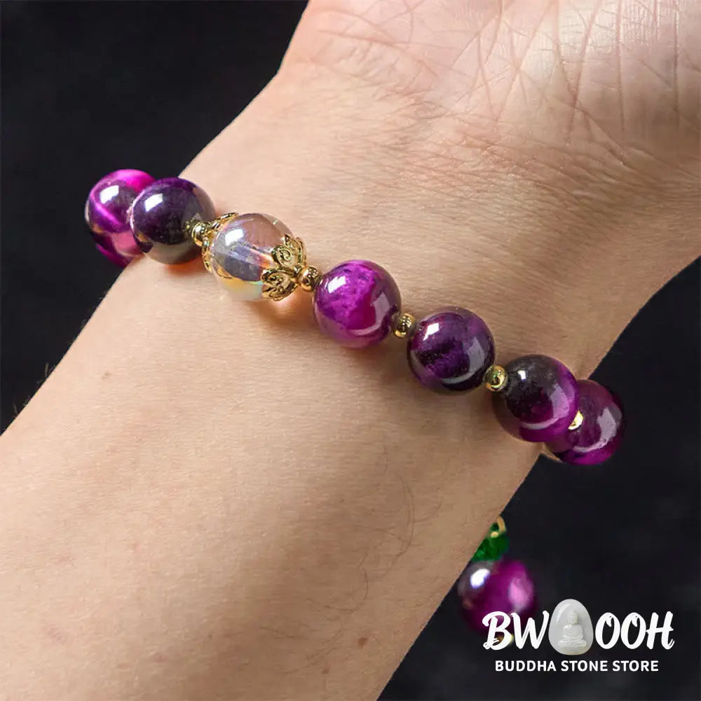 Buddha Stones Natural Red Tiger Eye Purple Tiger Eye Beads Green Leaf Protection Bracelet - BWOOOH - Bracelet