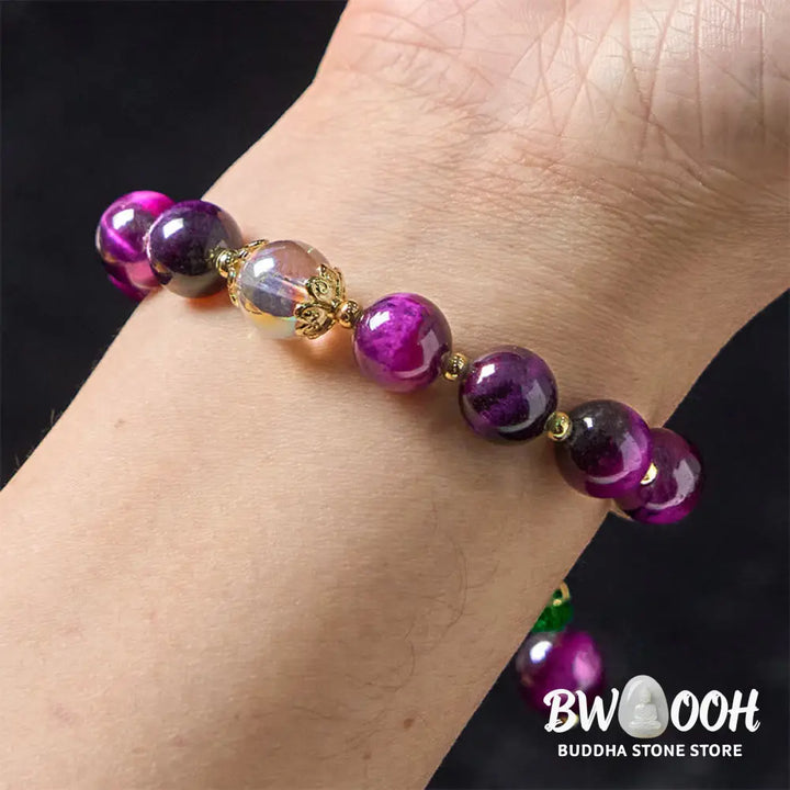 Buddha Stones Natural Red Tiger Eye Purple Tiger Eye Beads Green Leaf Protection Bracelet - BWOOOH - Bracelet