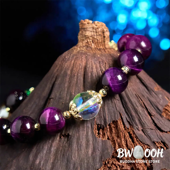 Buddha Stones Natural Red Tiger Eye Purple Tiger Eye Beads Green Leaf Protection Bracelet - BWOOOH - Bracelet
