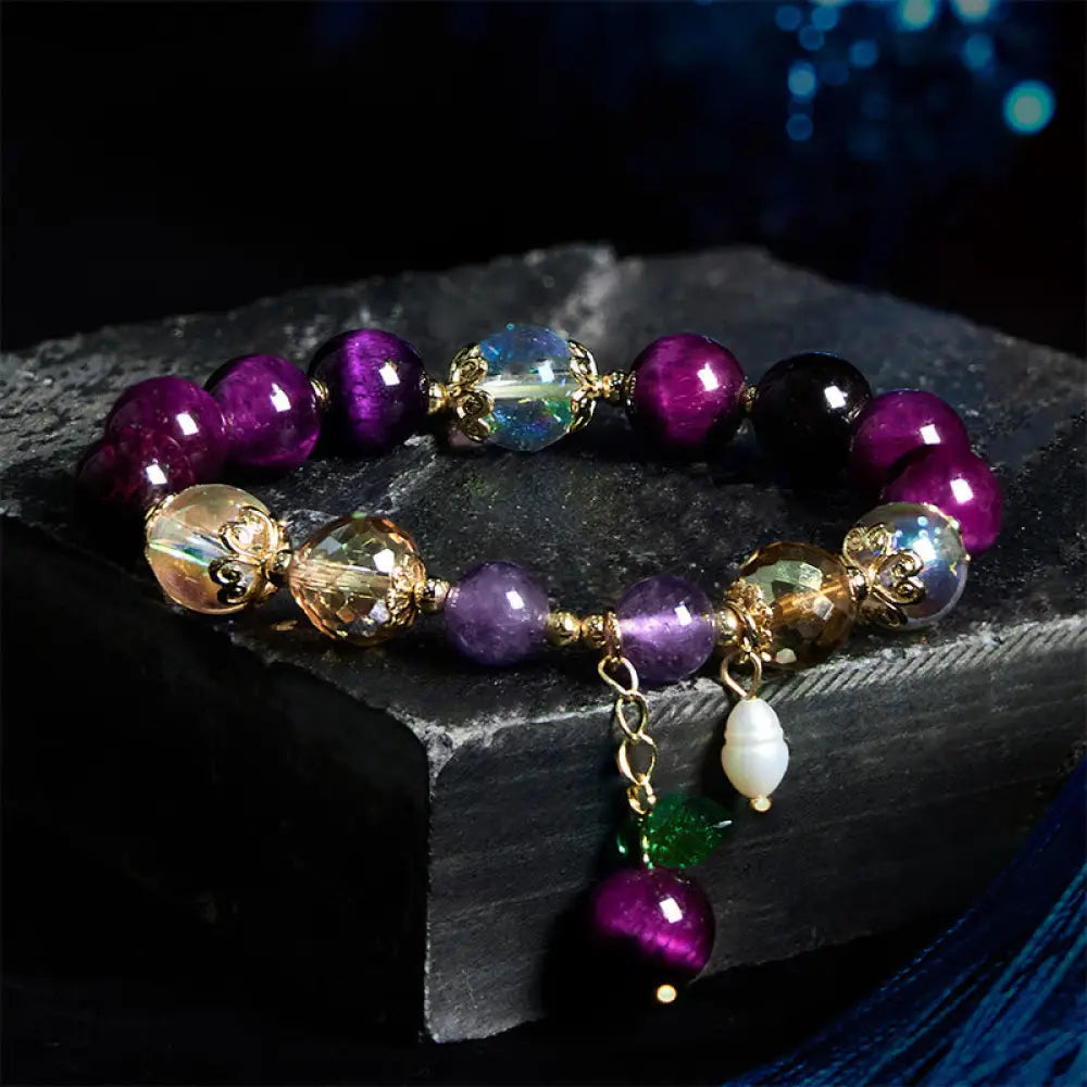 Buddha Stones Natural Red Tiger Eye Purple Tiger Eye Beads Green Leaf Protection Bracelet - BWOOOH - Purple Tiger