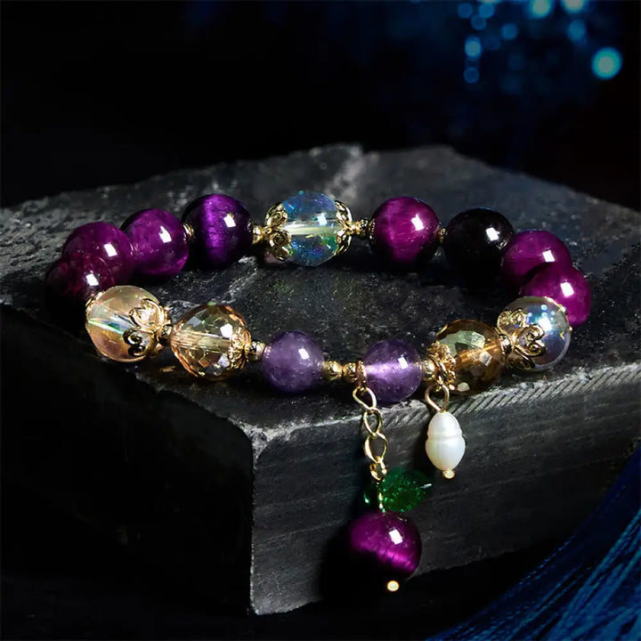 Buddha Stones Natural Red Tiger Eye Purple Tiger Eye Beads Green Leaf Protection Bracelet - BWOOOH - Purple Tiger