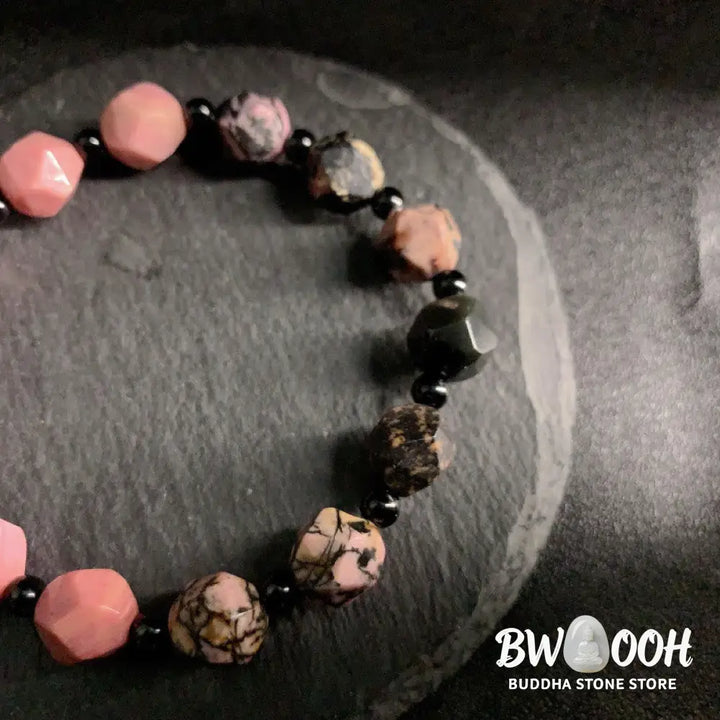 Buddha Stones Natural Rhodonite Black Line Red Spot Stone Polygon Beads Healing Bracelet - BWOOOH - Rhodonite(Wrist